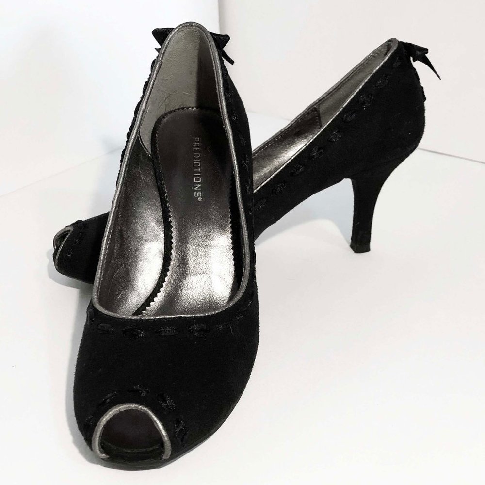 Black Suede 3" Peep Toe Heels & Gold Trim Size 6.5